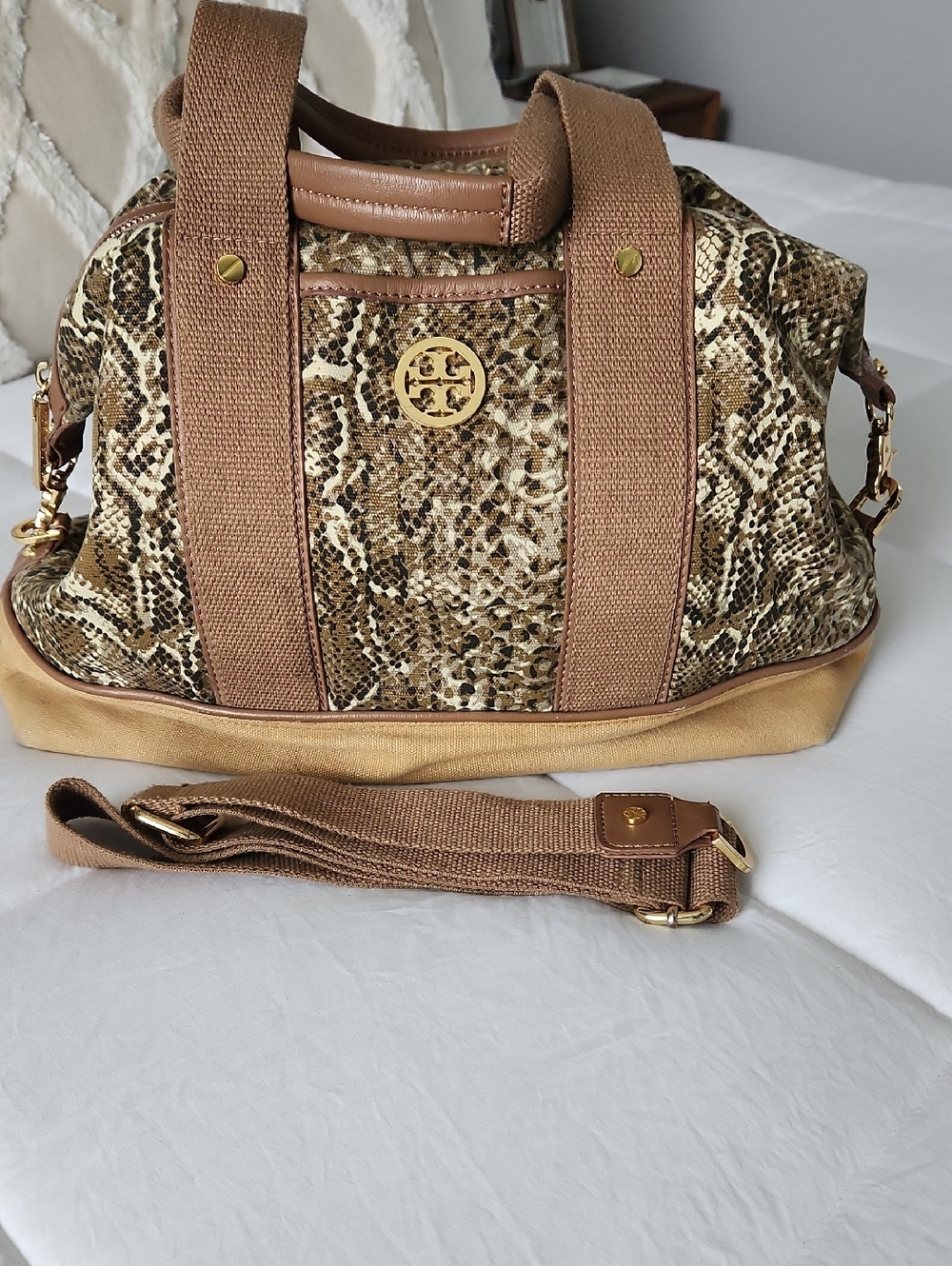 Tory Burch Tan and Brown Snake-Print Satchel with Gold Logo